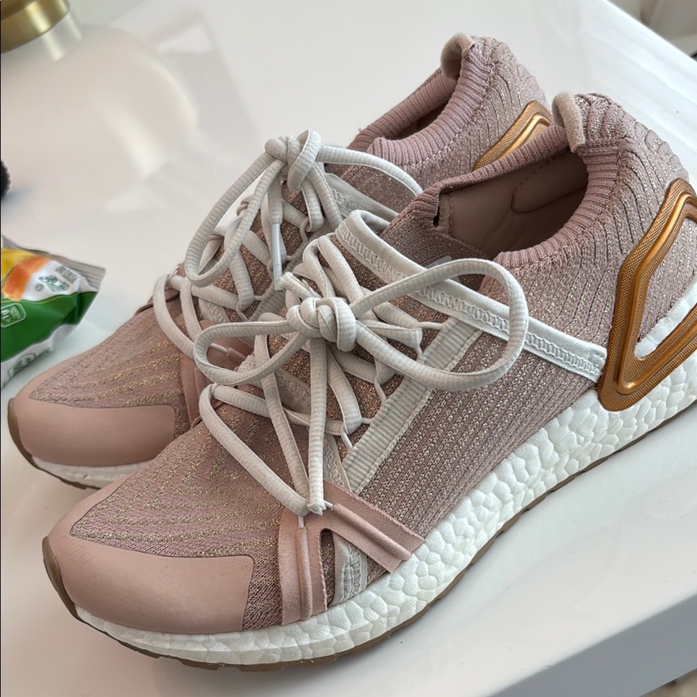 Pink and Gold Knit Sneakers with Metallic Accents